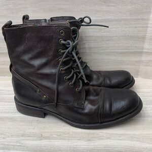 Aldo Mens Dark Brown Leather Cap Toe Combat Boots Side Zip EU 44 Lace Up Boot